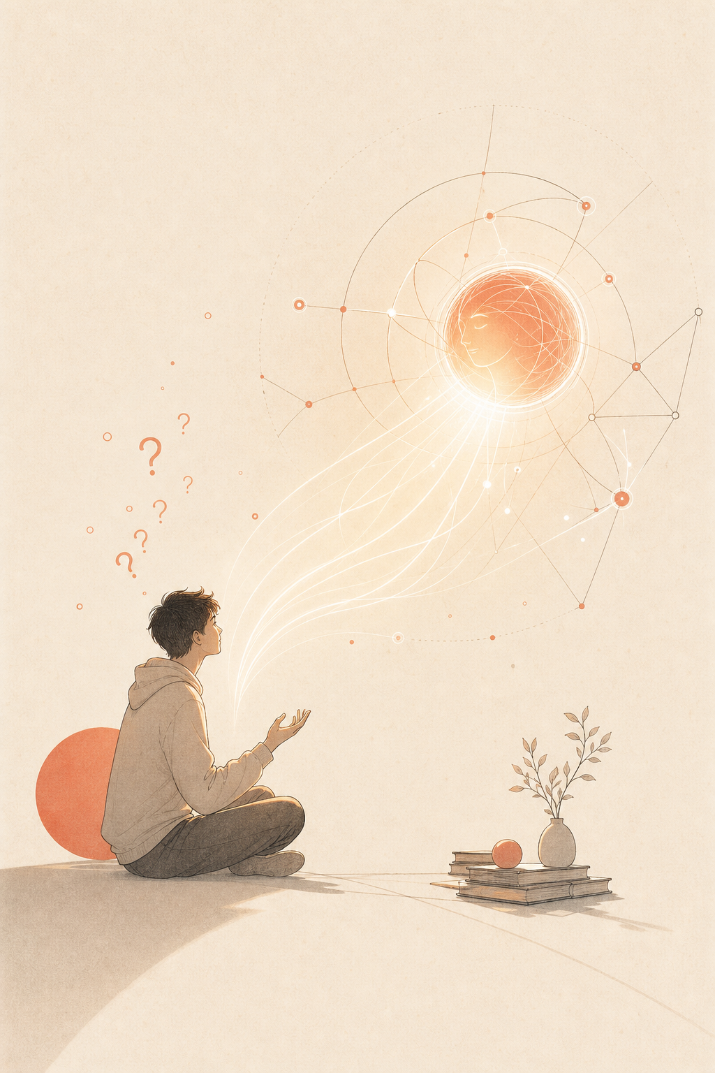 一个学生和一个温暖发光的导师球对话，问号变成清晰的光