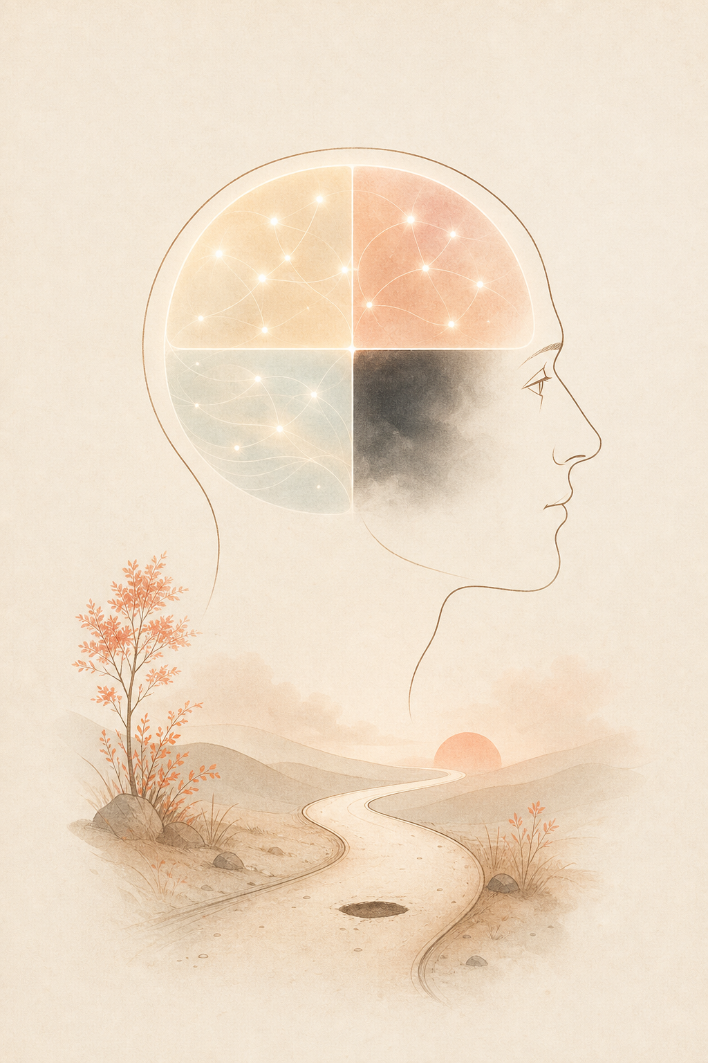 一个侧面的头，脑中分成四个象限，其中一格隐没在雾里